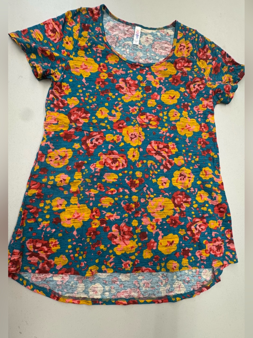 LuLaRoe Classic T Top shirtTeal Short Sleeve Top with Yellow & Pink Floral Print